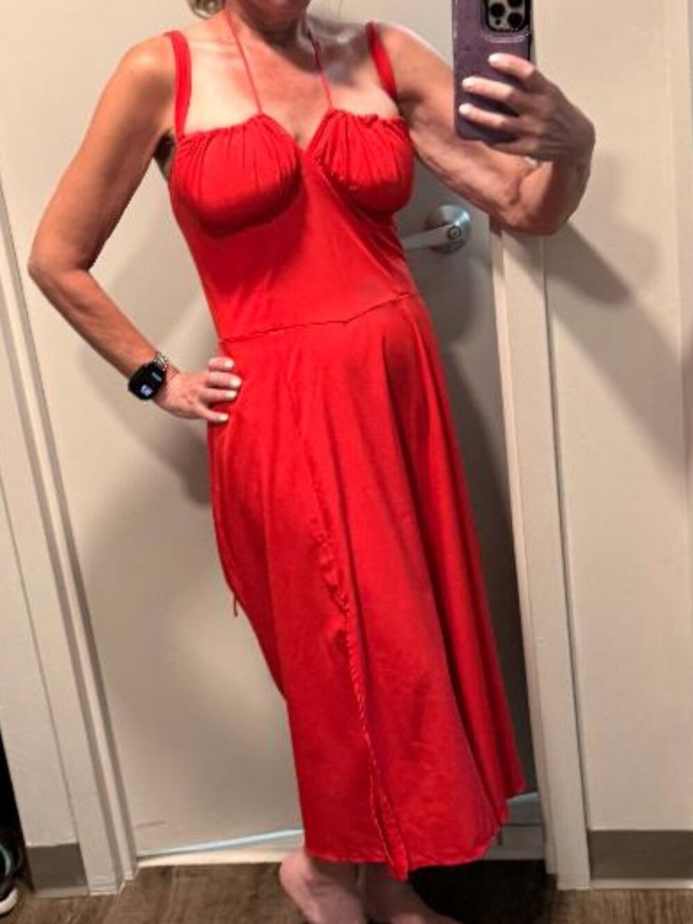 Red Lace-Up Corset Midi Dress Ruched Bust NWOT